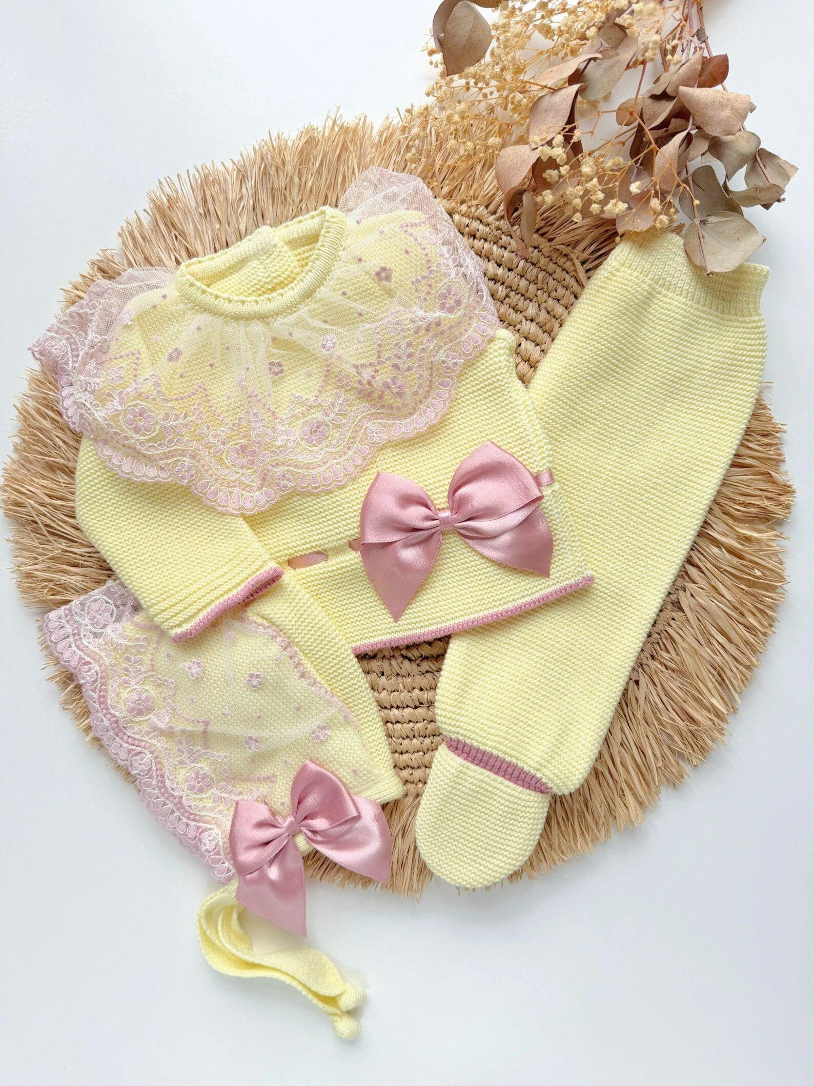 Deluxe Knitted Baby Outfit Set in Spanish Organza, in Yellow with a Dusty Rose Bow