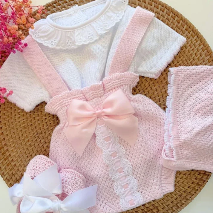 Short Knitted Newborn Baby Girl Set, Baby Clothes, Newborn Girl Outfit with Hat and Shoes, Light Pink and White