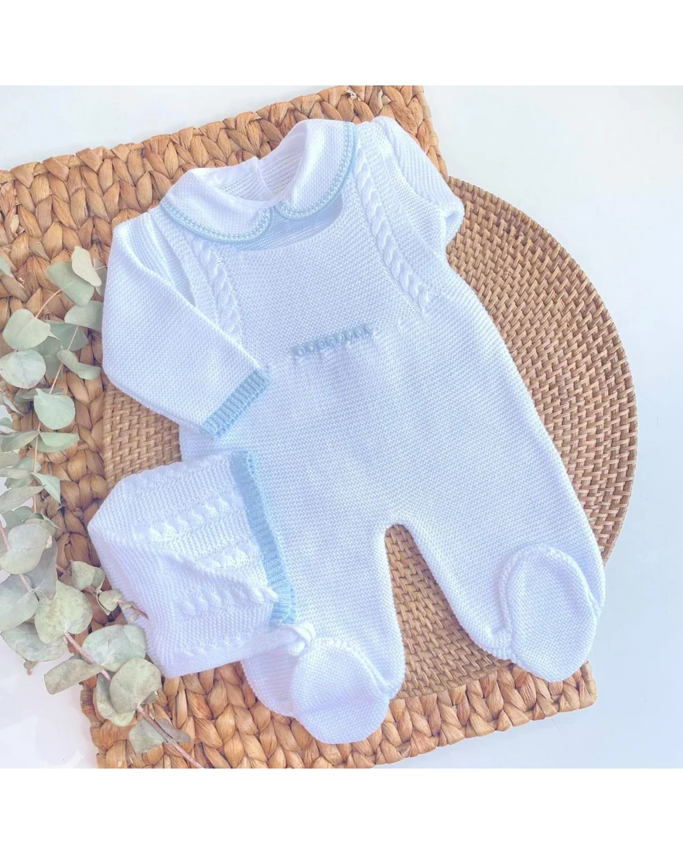 Spanish Style Knitted Newborn Set, Hand Knitted, First Baby Outfit, Baby Knit Outfit, White and Light Blue, Paula Model