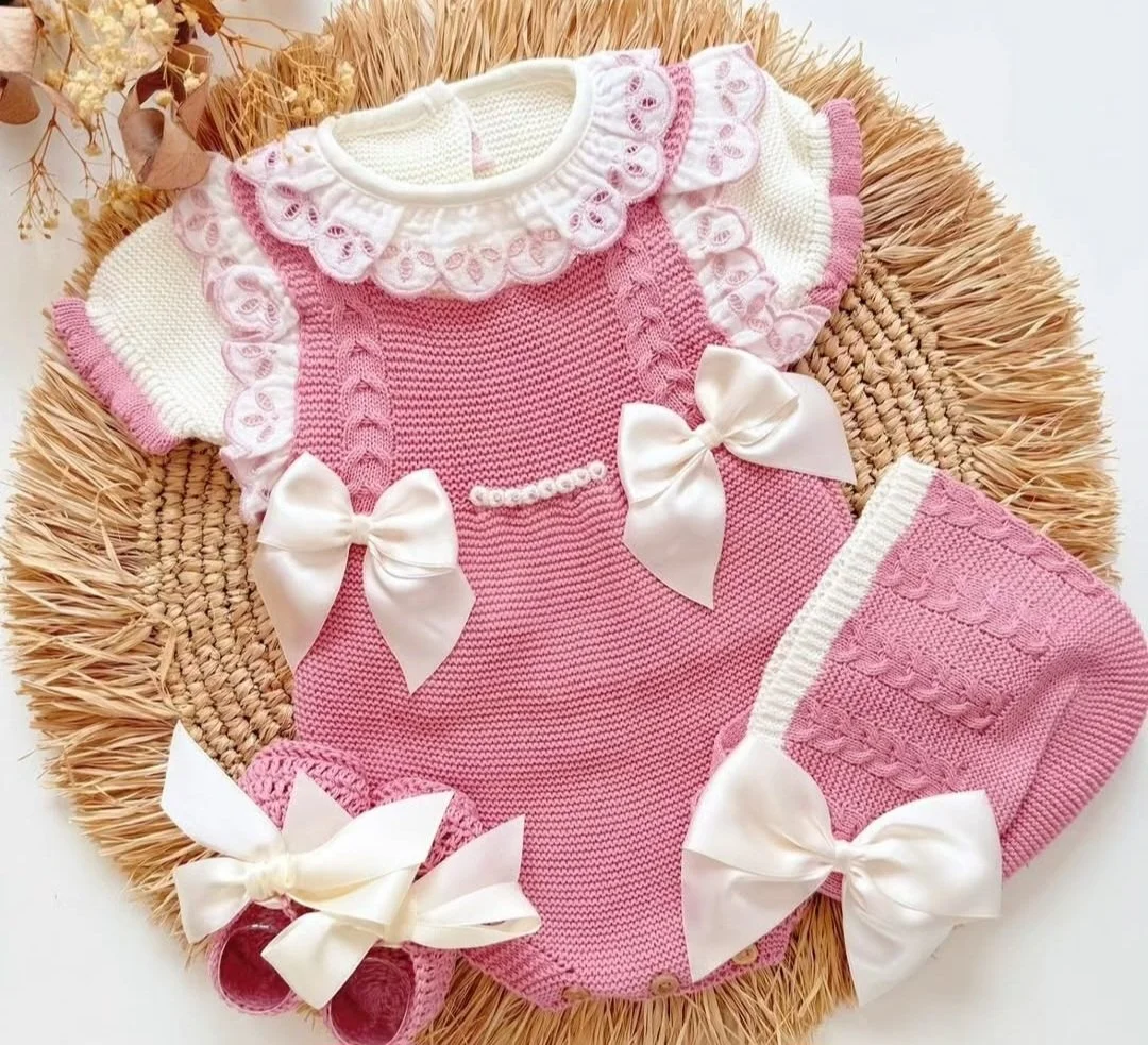 Short Knitted Newborn Baby Girl Set, Baby Clothes, Newborn Girl Outfit with Hat and Shoes, Pink and Beige, Petal Model