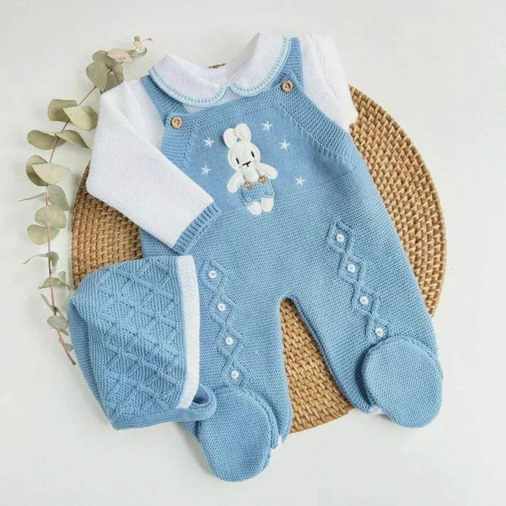 Newborn Knit Set, Steel Blue Bunny Outfit, First Bunny Set, Knitted Baby Clothes, Going-Home Outfit