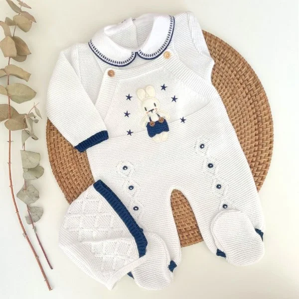 Newborn knitted set, white and navy bunny set, bunny outfit, knitted baby clothes, coming home set