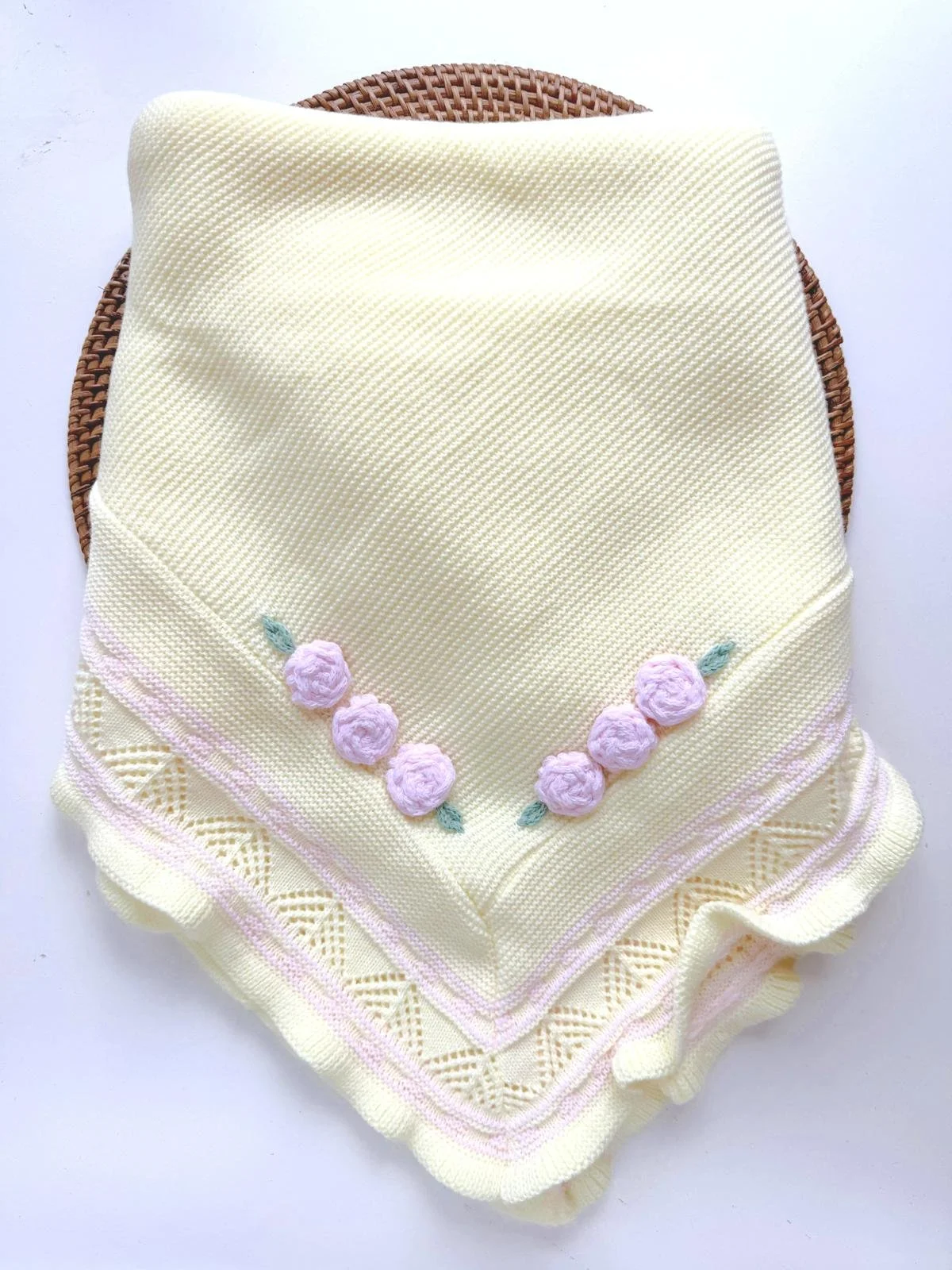Knitted Baby Blanket, 100% Organic Cotton Baby Blanket, Yellow Blanket with Light Pink Knitted Flower Details, Baby Shower Gift