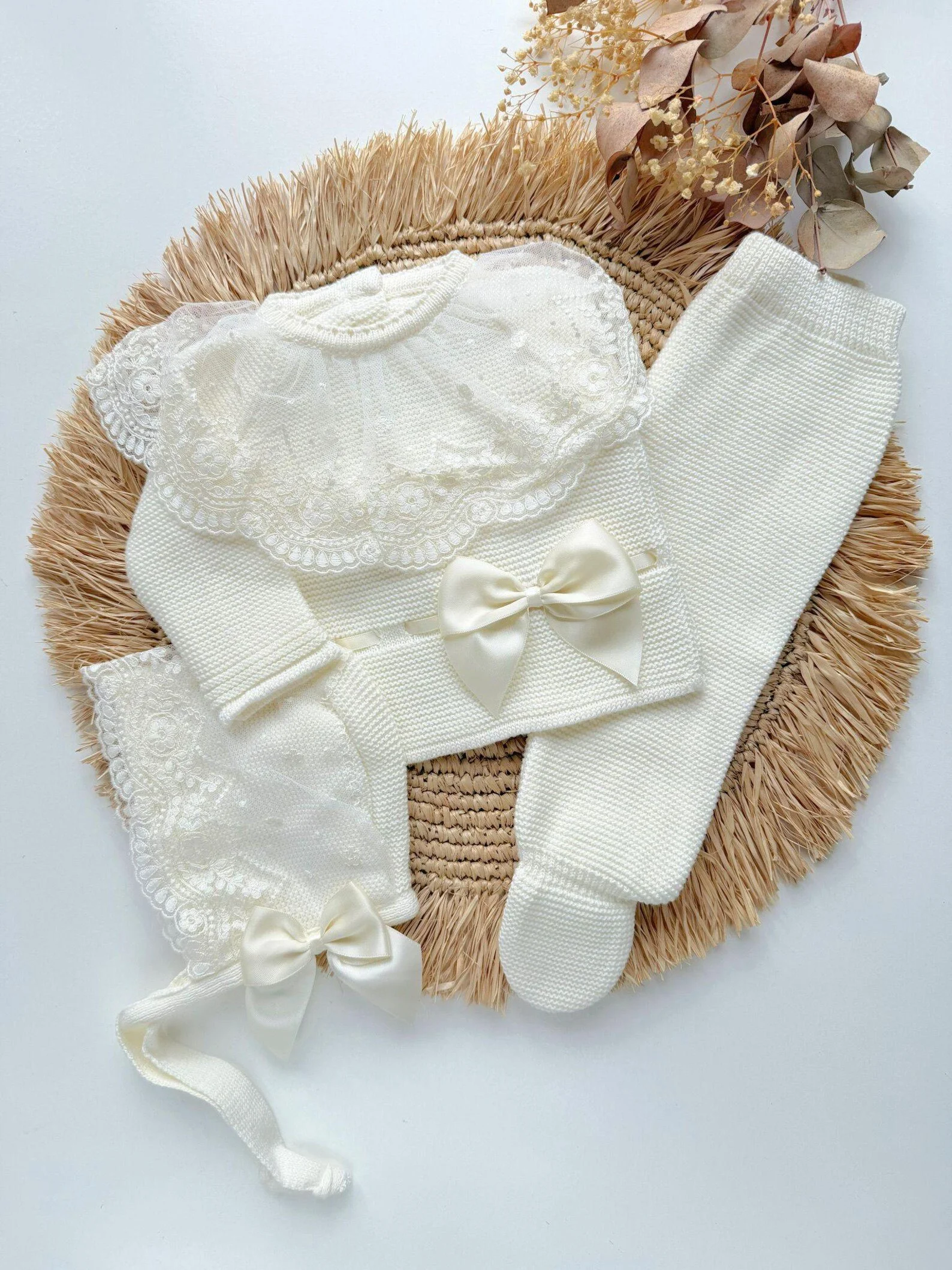 Deluxe Knitted Baby Outfit Set in Spanish Organza, in Pearl and Ivory White