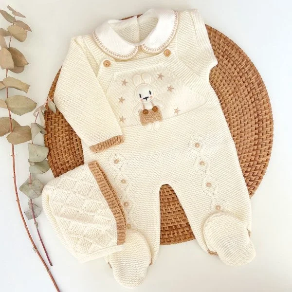 Knitted set for newborn, beige bunny set for newborn, bunny outfit, knitted baby clothes, outfit for leaving the hospital