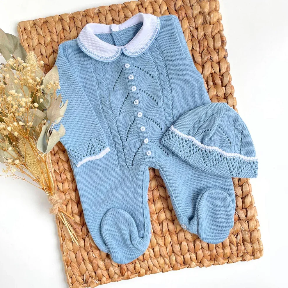 Knitted romper set in steel blue, knitted set for baby with its hat