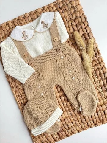 Newborn Clothing Set with Embroidered Horse Design Hospital Outfit, First Outfit, Going-Home Outfit Set Camel
