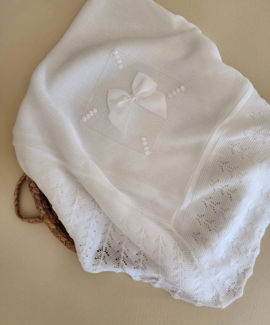 Knitted Baby Blanket, Dralon 100% Hypoallergenic Super Soft, White Blanket with Bow, Wide 60 X 60 inches, Baby Shower Gift, for Newborns