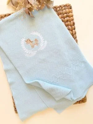 Knitted Baby Blanket, Large Size 60 x 60, Made in Spain, Soft Blue Blanket with Embroidered Rocking Horse Detail