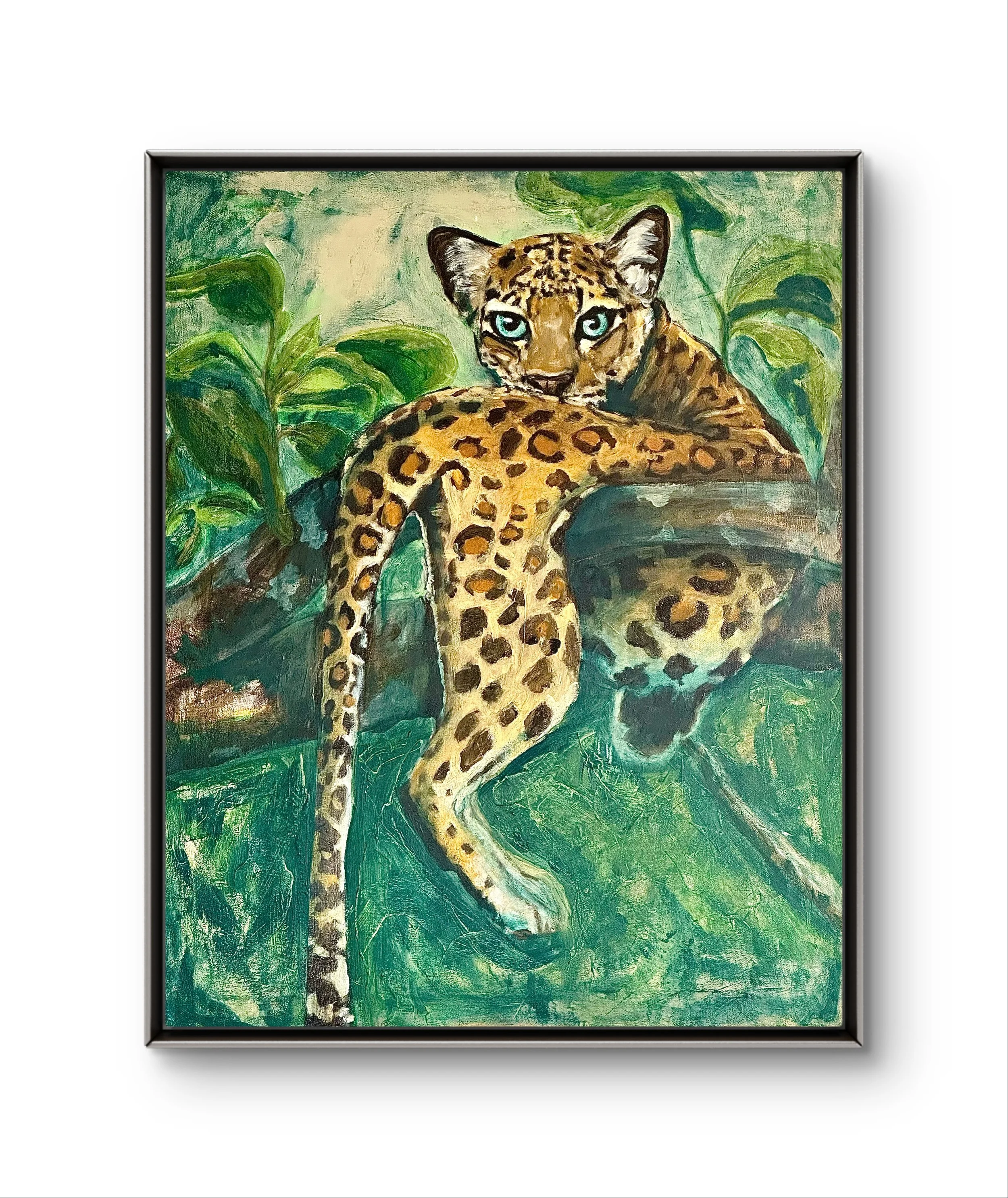 Painting of a jaguar lying on a green leafy background, with piercing blue eyes.