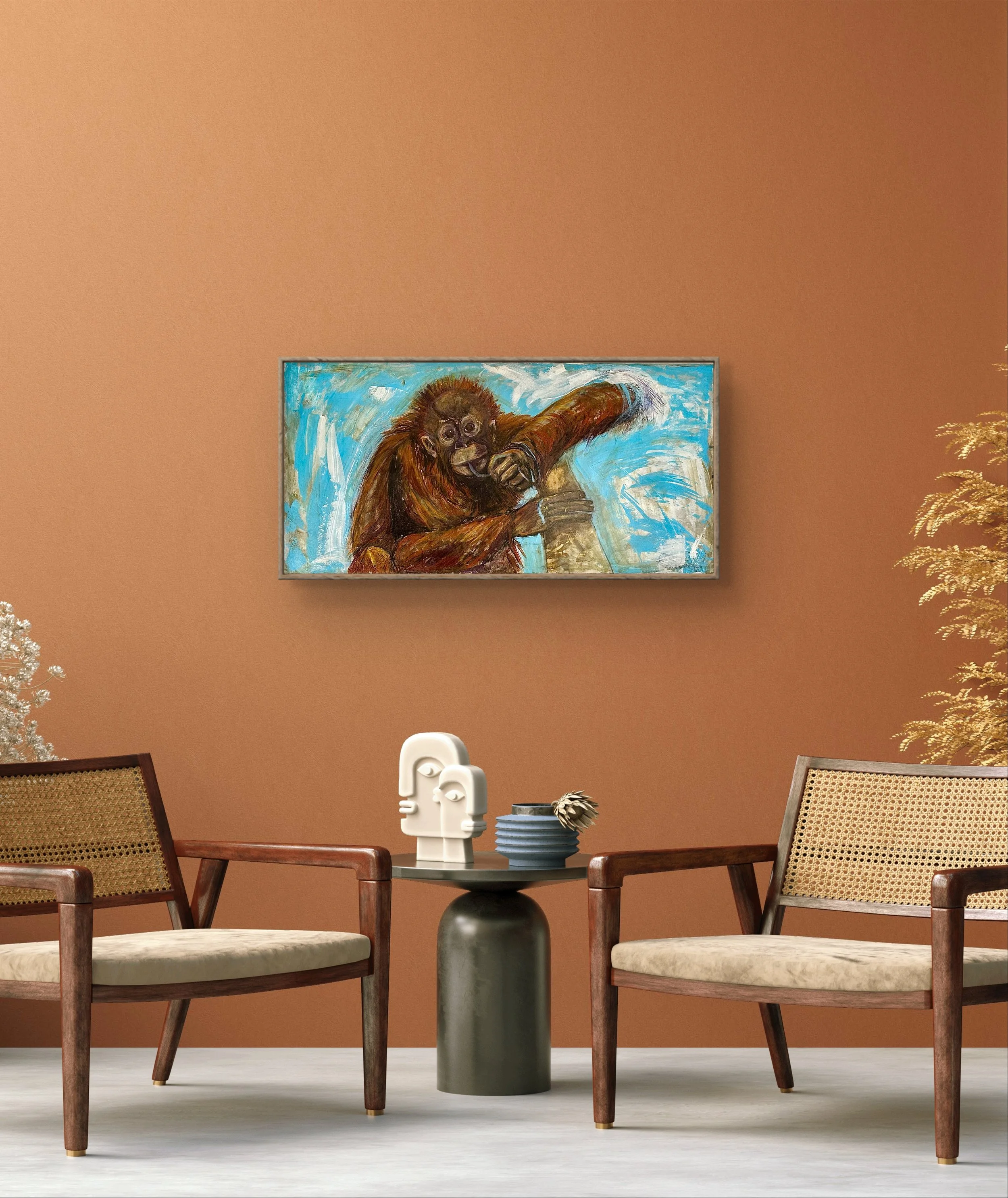 Living room with two wooden chairs with beige cushions, a small round table with decorative items, and a colorful painting of an orangutan on the wall.