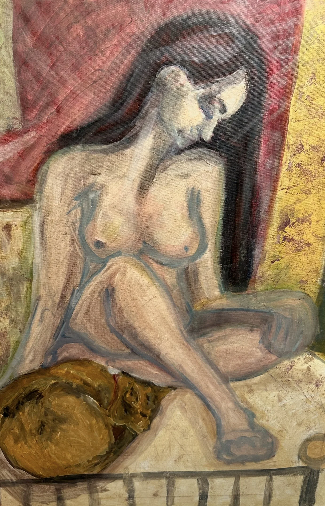 An abstract painting of a nude woman with dark hair sitting on the floor, with a large brown pumpkin in the foreground. The background includes red, yellow, and beige colors.