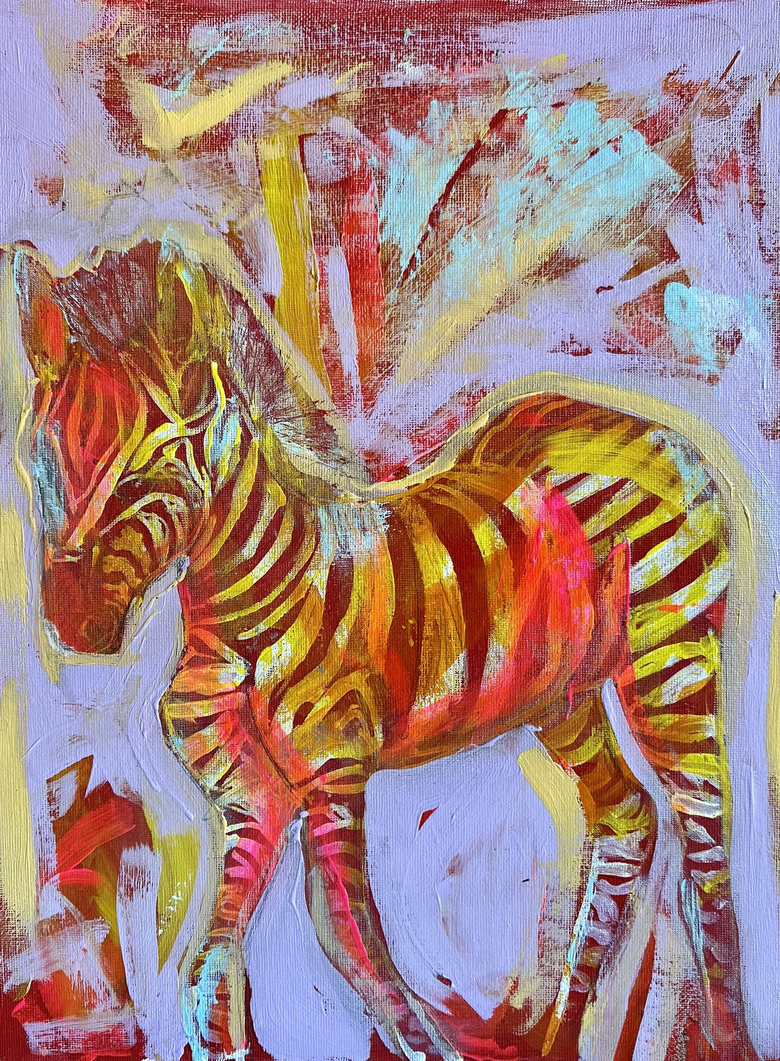 Abstract painting of a zebra with colorful stripes. Bright reds, yellows, blues, and purples with expressive brushstrokes.