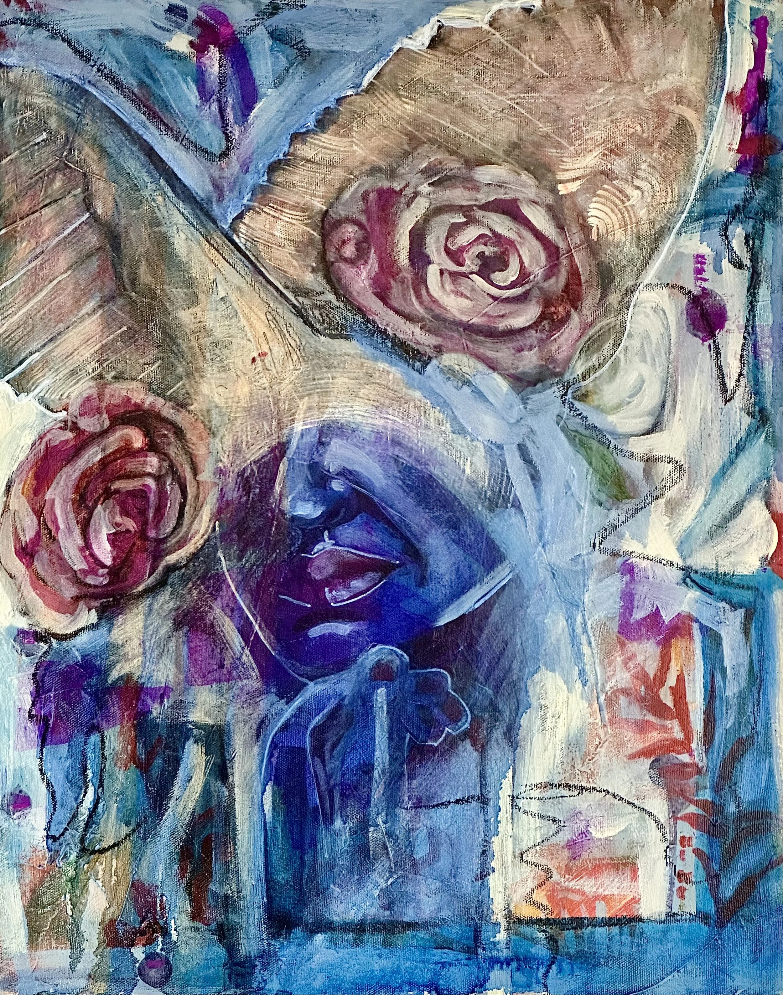 An abstract painting of a woman with a contemplative expression, closed eyes, and lips gently closed, surrounded by large roses and colorful foliage.