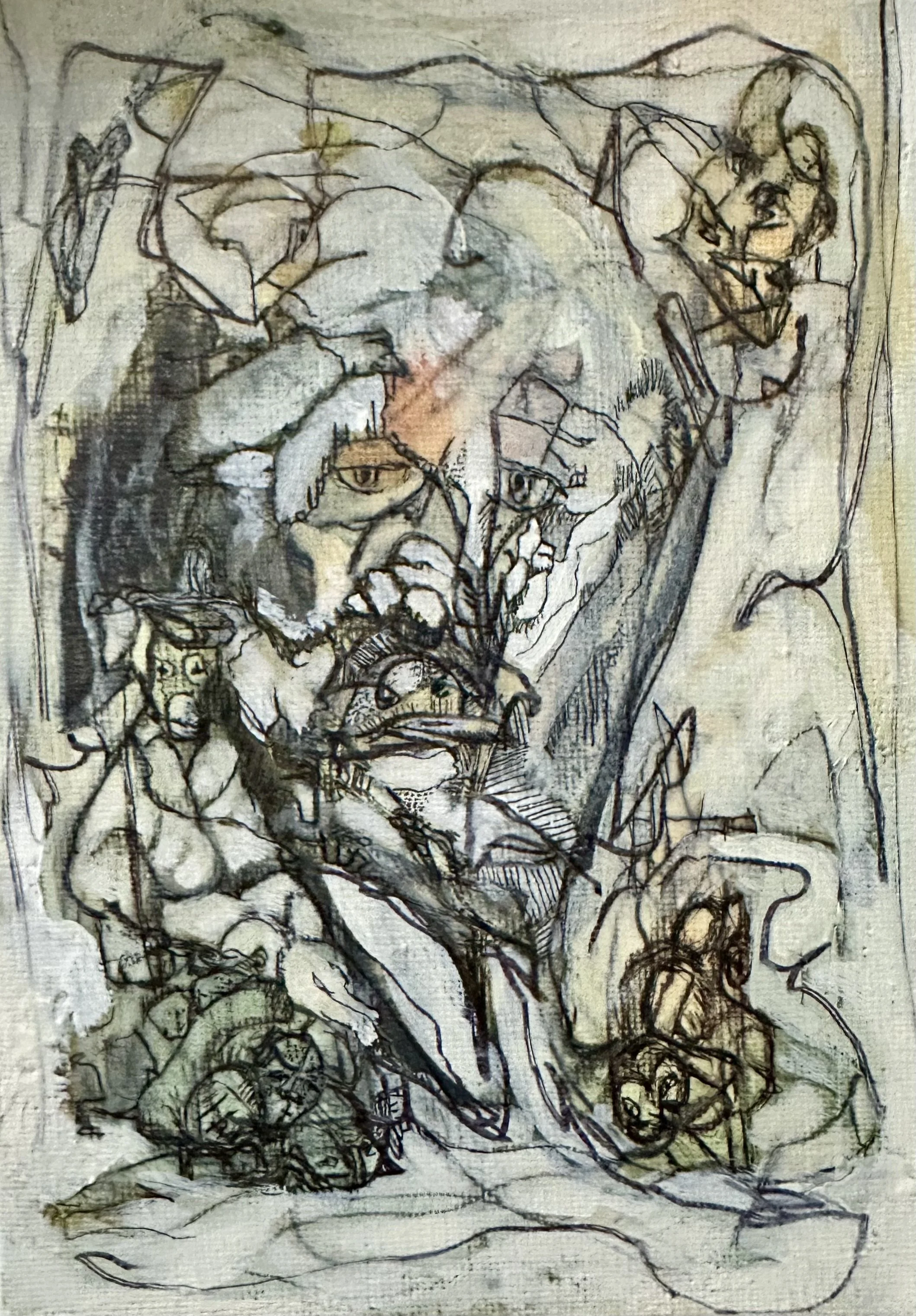 The use of intuitive mark making reveals form , with the phenomenon Pareidolia.