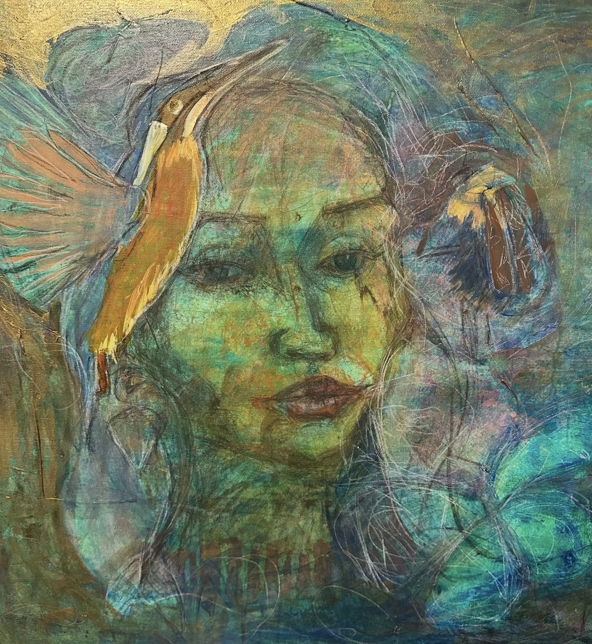 An abstract painting of a woman's face with large eyes and lips, surrounded by swirling colors and textures, featuring a bird perched near her ear.