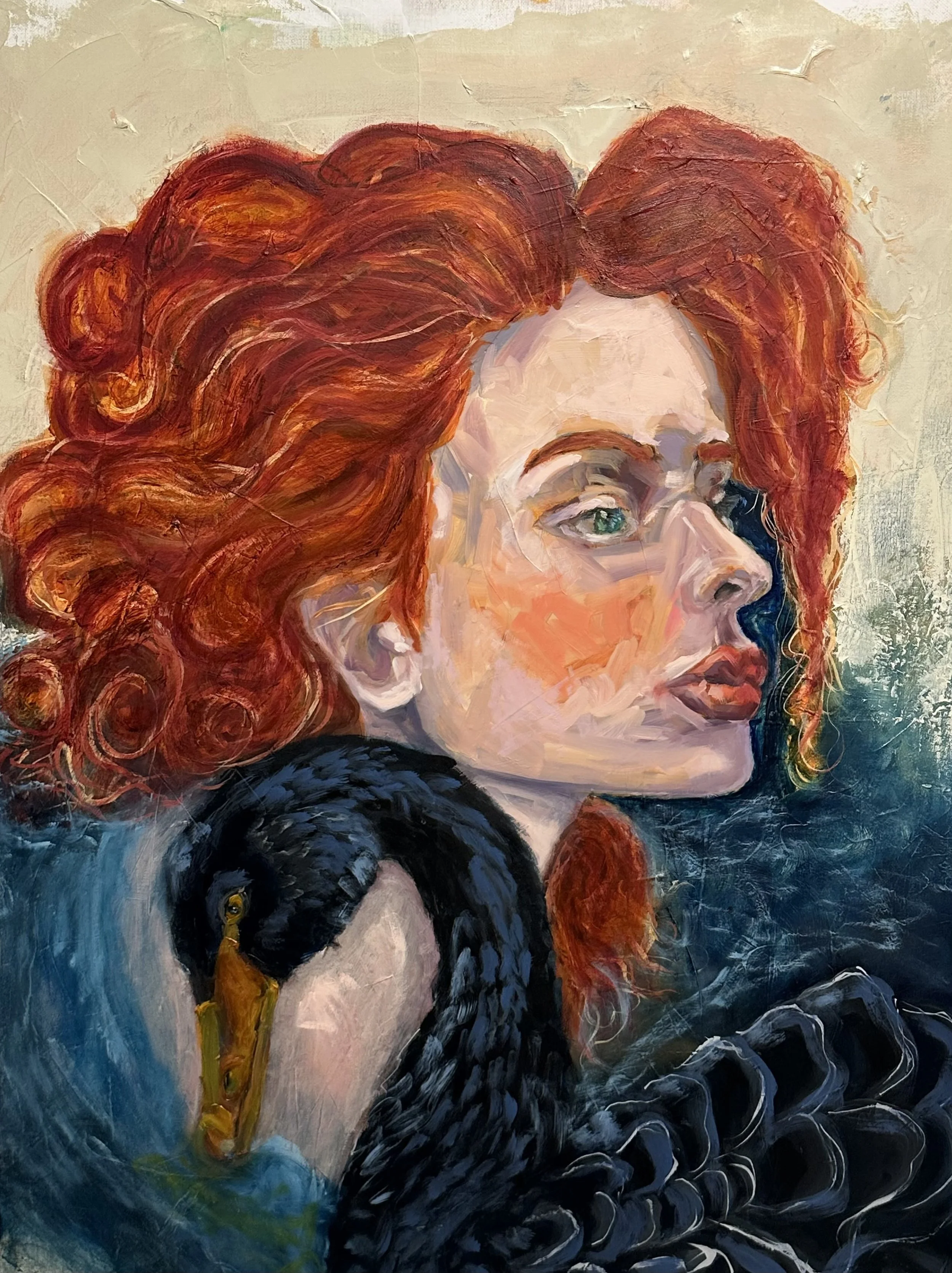 A painting of a woman with long, curly red hair, blue eyes, and a serious expression. She holds a black swan with a golden beak close to her shoulder, and the background is a mix of beige and dark tones.