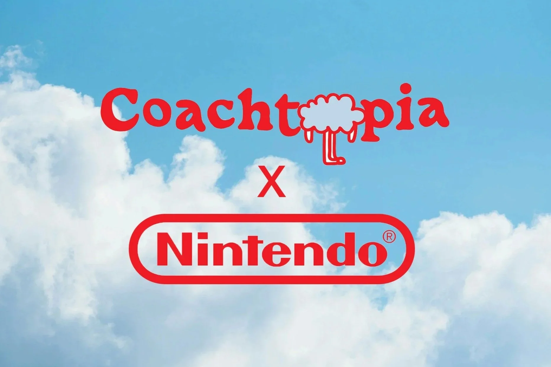 The image features the logo of Coachtopia and Nintendo on a background of blue sky with white clouds. The Coachtopia logo is stylized with red text and an illustration of a sheep.