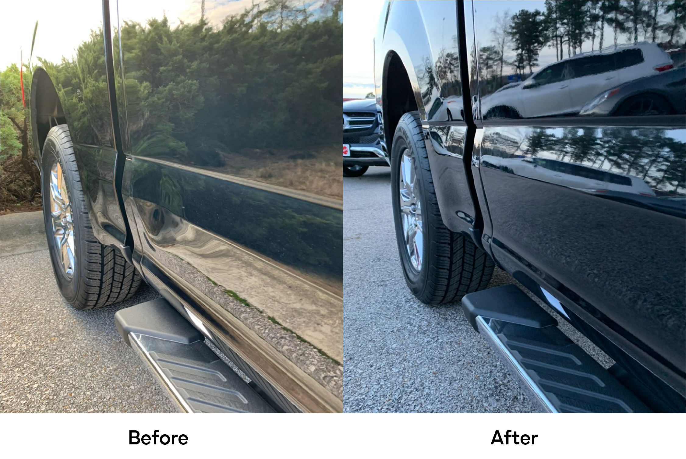 Comparison photo of a black pickup truck's side, showing the difference in reflections and paint condition, taken outdoors in daylight.