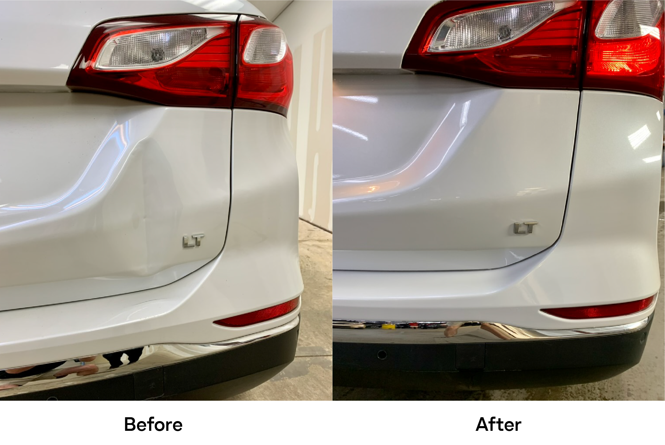 Side-by-side comparison of the rear of a white SUV before and after dent repair. The left side shows a large dent near the tail light, while the right side shows the same area repaired and smooth.