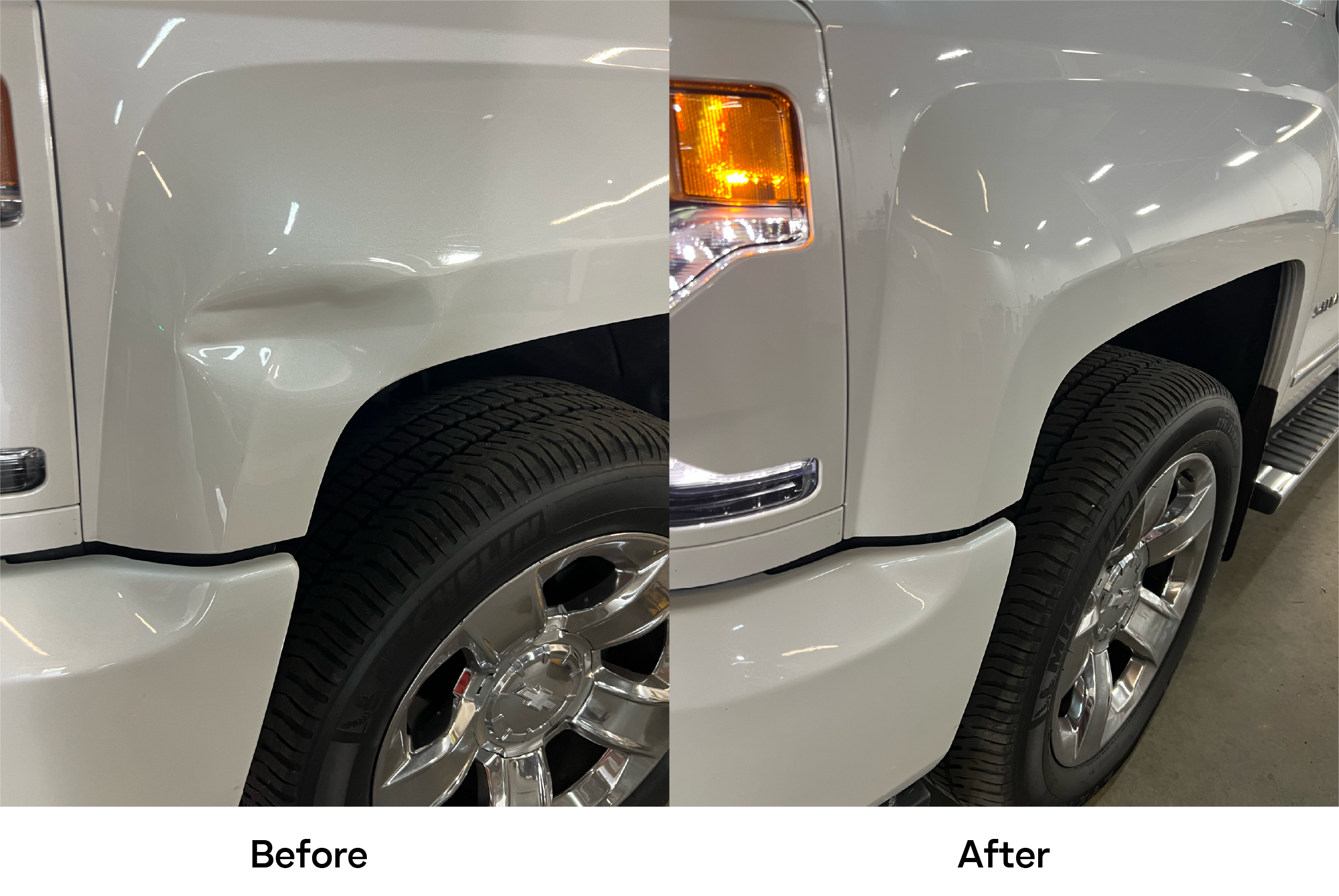 Comparison of a white vehicle's front left side before and after repair, showing repaired dents and scratches on the left side and a smooth surface on the right side.