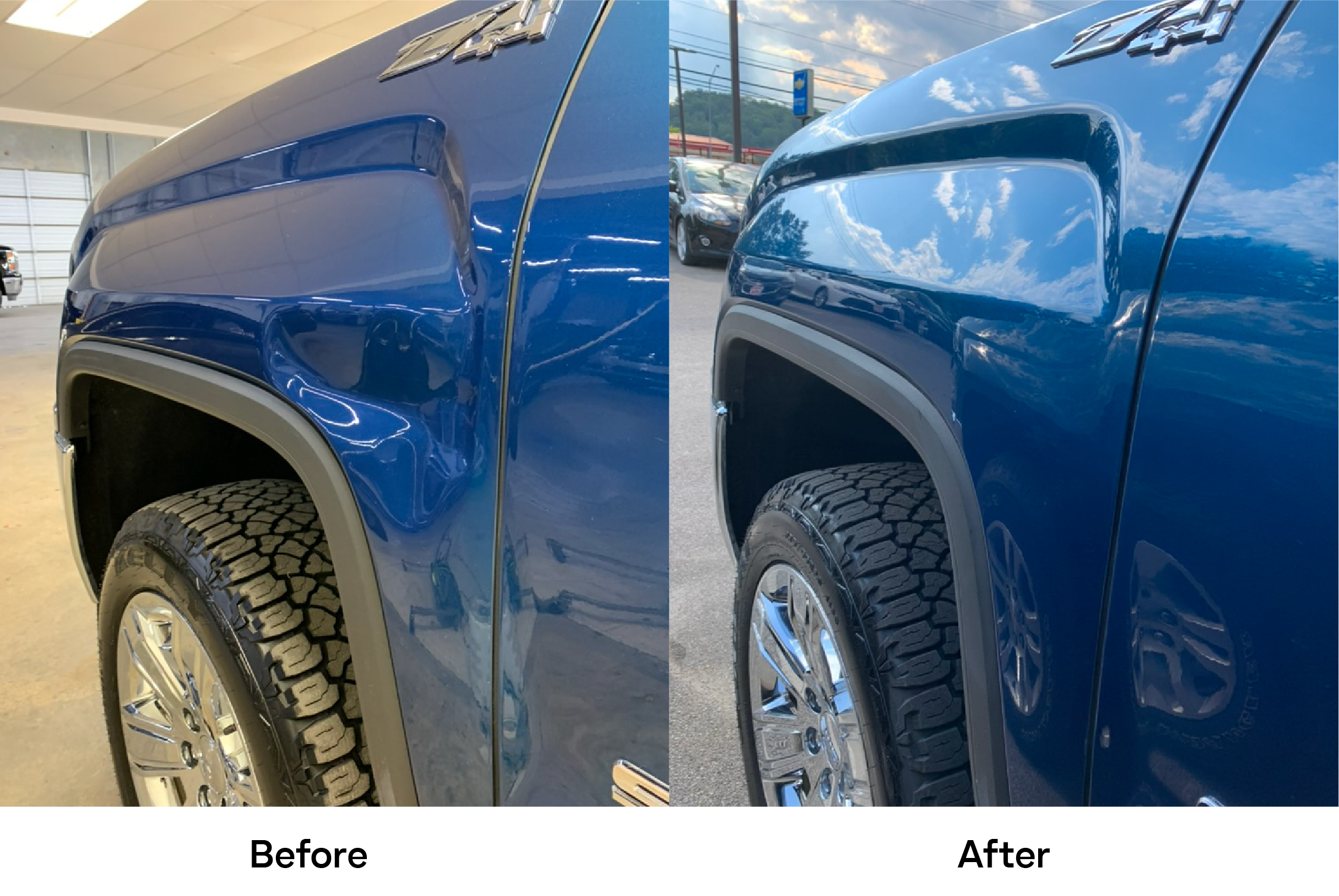 Side-by-side comparison of the front part of a blue pickup truck, showing before and after details, including the fender and wheel.