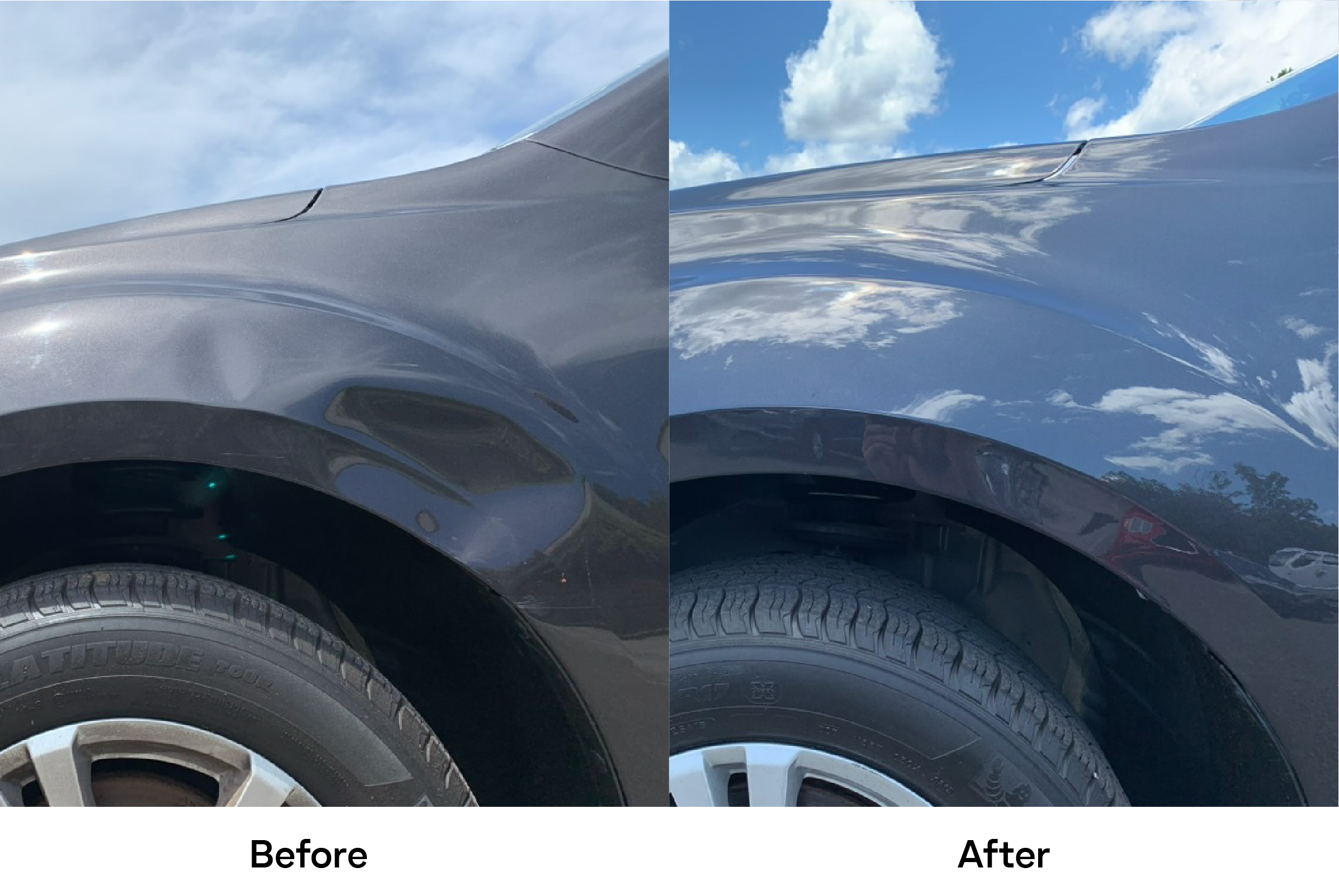 Comparison of two car fenders, with the left side showing a matte paint finish and the right side showing a glossy paint finish, reflecting clouds and surroundings.