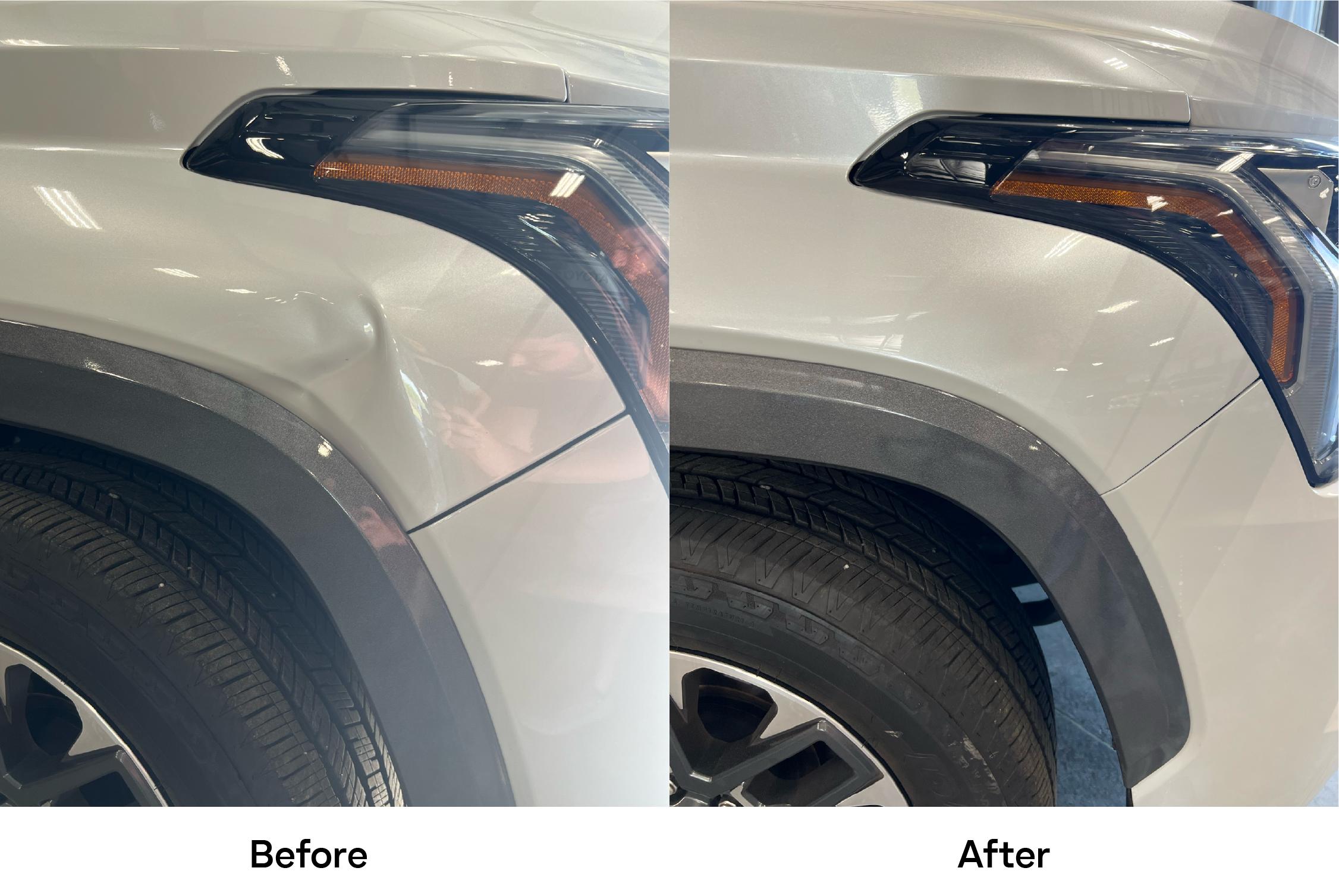 Side-by-side comparison of a white vehicle's front fender and headlight, showing scratches and damage on the left side and a clean, undamaged surface on the right side.