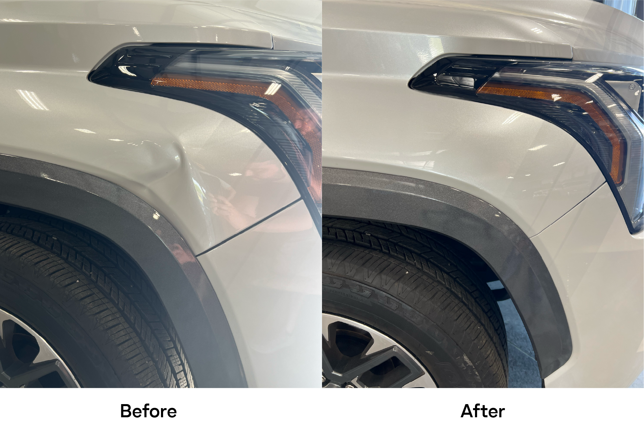Side-by-side comparison of a vehicle's front left corner showing the headlight, wheel, and fender before and after cleaning or detailing.