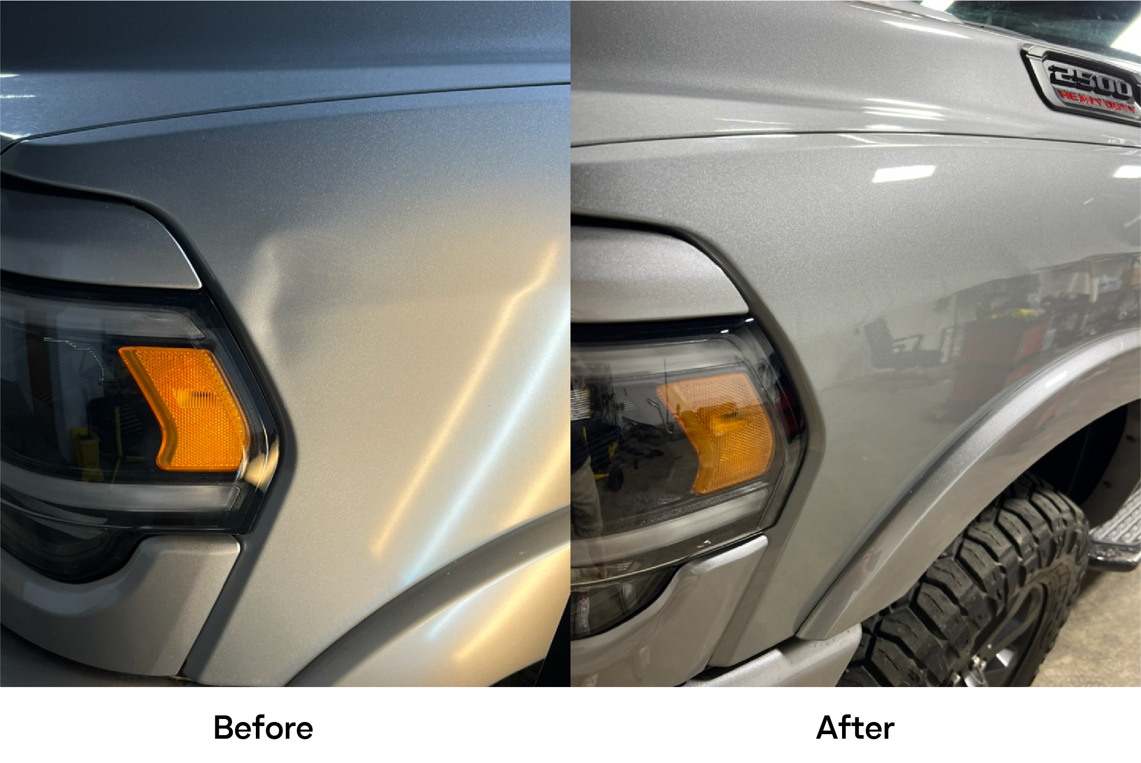 Comparison of two trucks' front ends showing the left side headlight and fender, with a clear difference in the shade and reflectiveness of the gray paint.