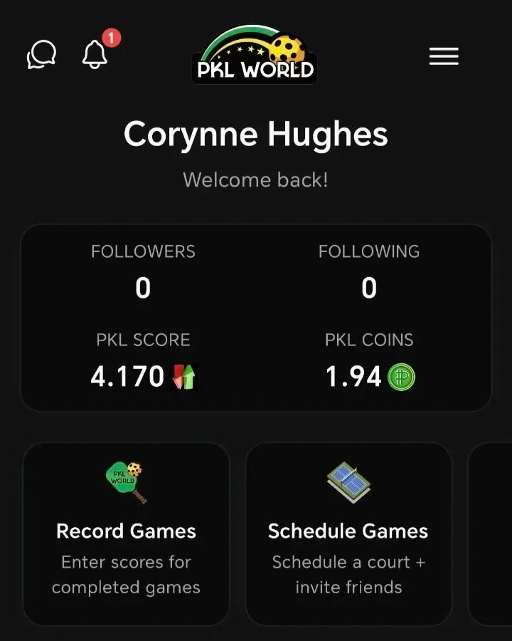 Mobile app screen for PKL World showing user profile for Corynne Hughes, with 0 followers, 0 following, PKL score of 4.170, and PKL coins of 1.94. Options to record games and schedule games are visible.