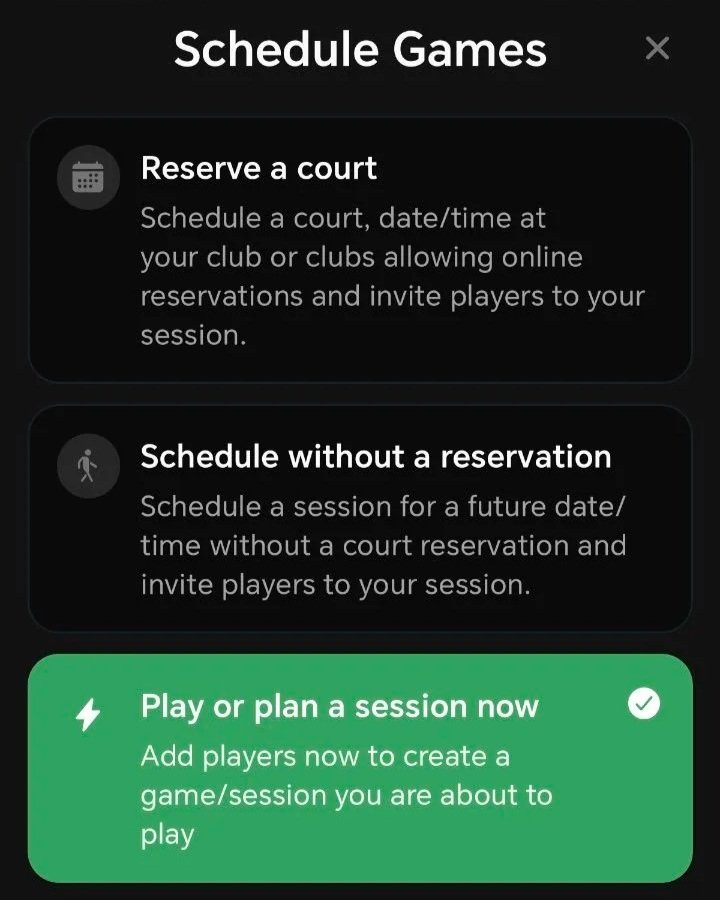 Screenshot of a mobile app interface for scheduling sports or game sessions. It includes options to reserve a court, schedule without reservation, or play or plan a session now.