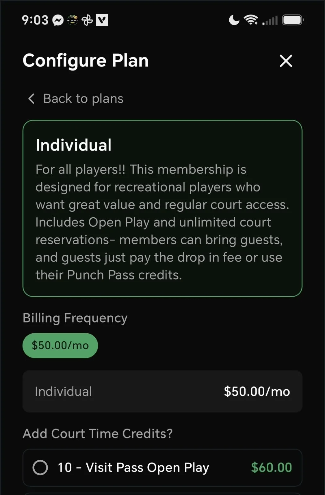 Screenshot of a mobile app displaying a plan configuration page for a picklebal court membership. The plan is labeled 'Individual,' priced at $50 per month, including open play and unlimited court reservations.