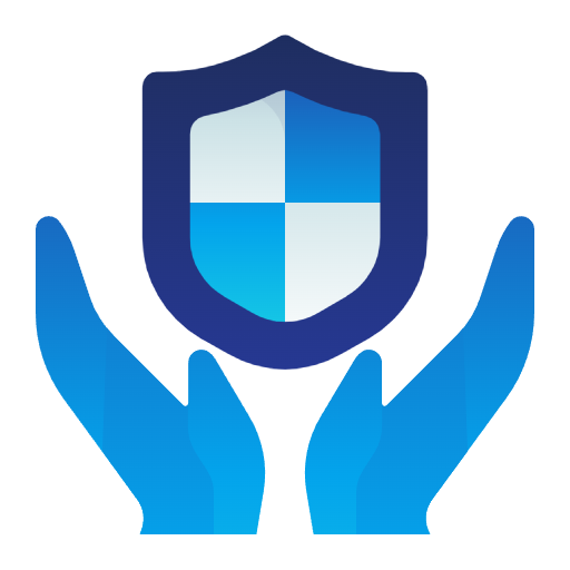 Illustration of two blue hands holding a shield with a checkered pattern.