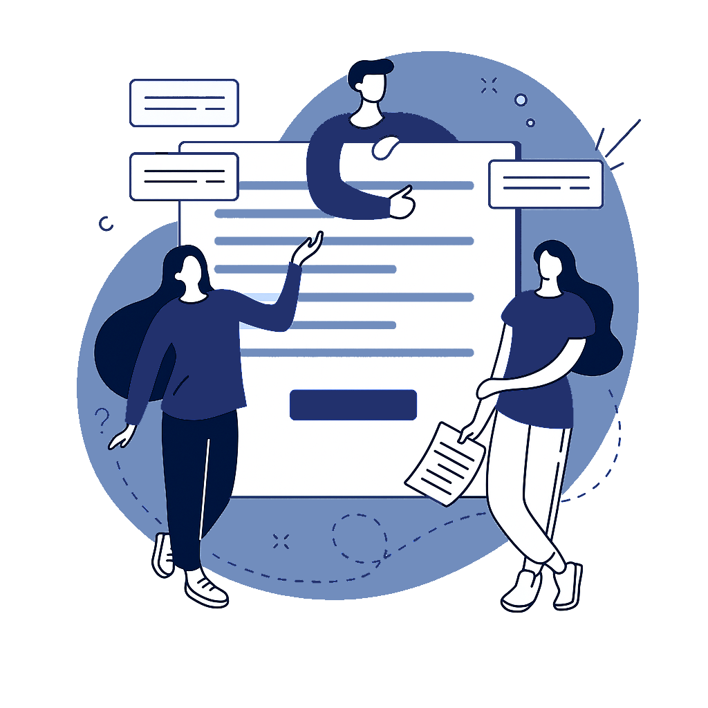 Illustration of three people discussing around a large document with speech bubbles, in a blue monochrome style.