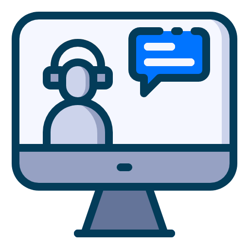 Computer screen displaying a person with headphones and a chat bubble, indicating a virtual conversation or support session.