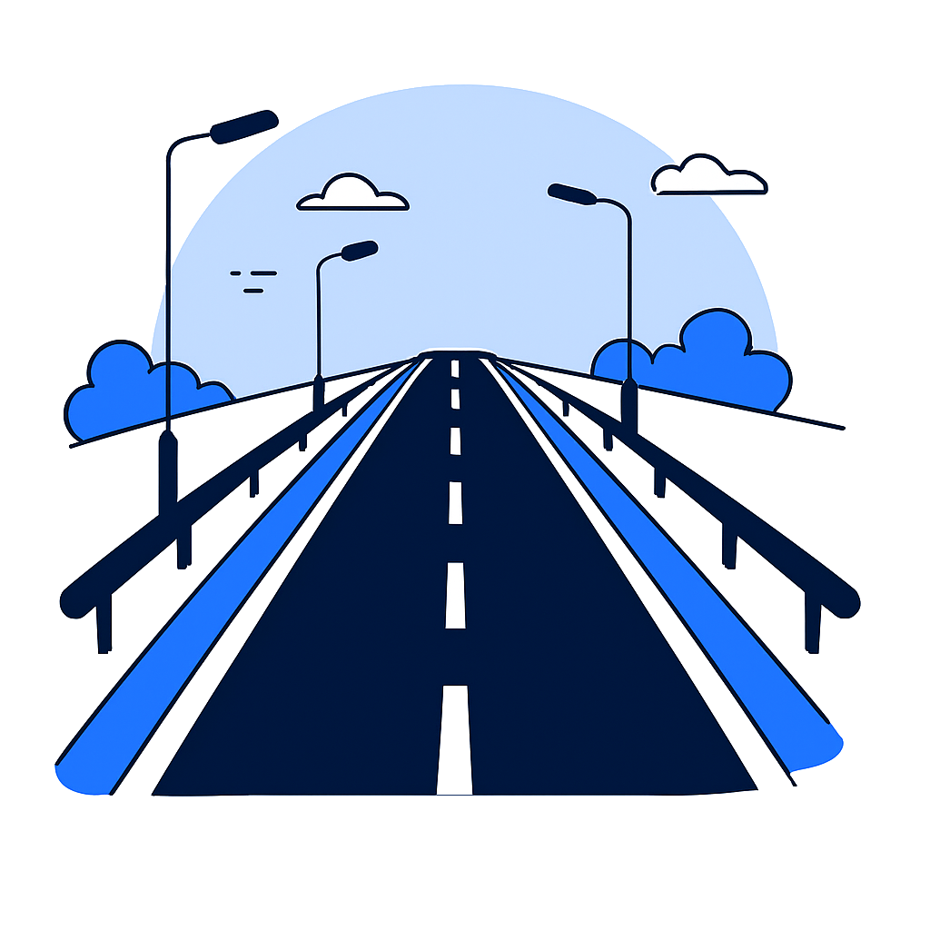 Illustration of an empty road with streetlights, clouds, and guardrails, with a blue sky in the background.
