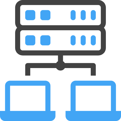 Icon of a network server connected to two laptops.