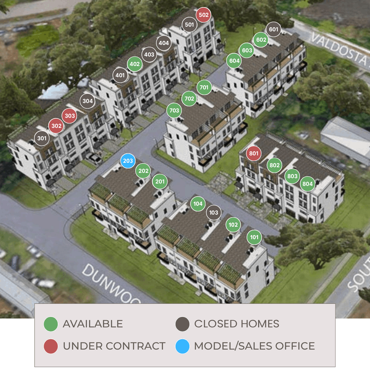 Walk at Park Circle community site map showing available, under contract, under construction, and model townhomes