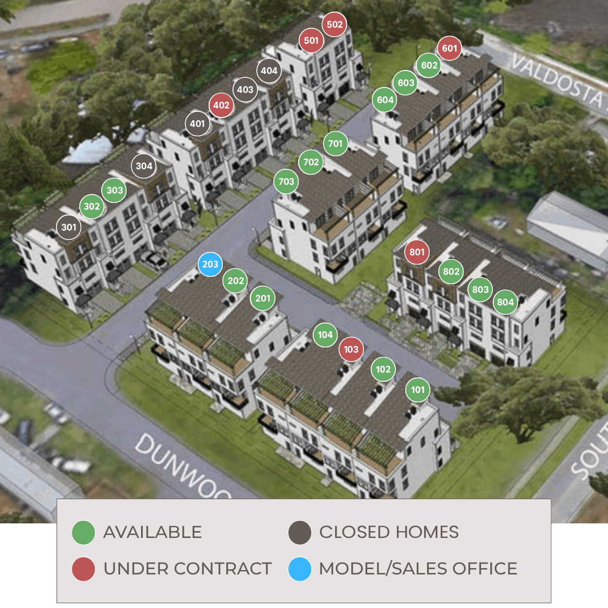 Walk at Park Circle community site map showing available, under contract, under construction, and model townhomes