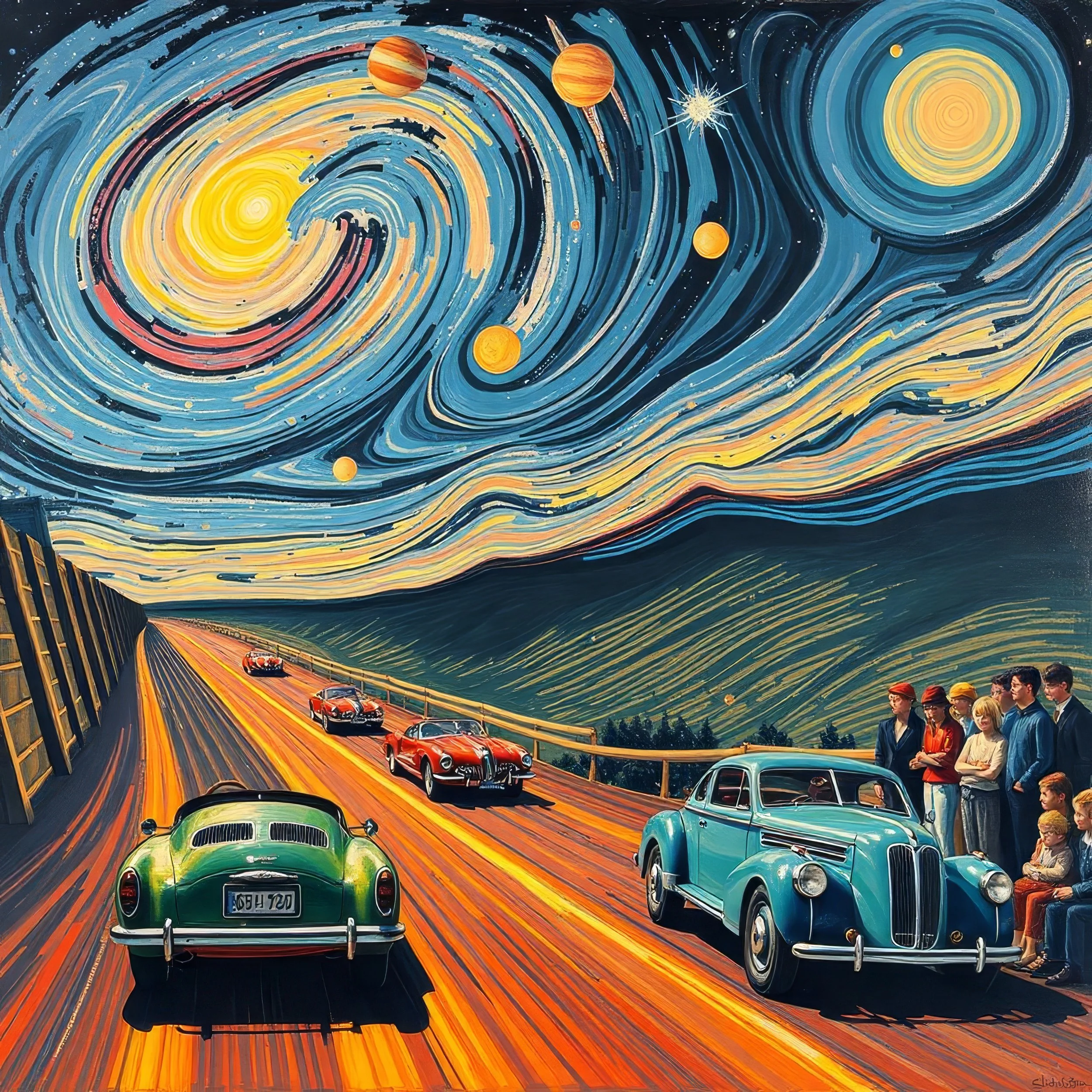 Et maleri inspireret af Van Gogh's 'Starry Night' med klassiske biler og mennesker på en bro over en stiliseret landskab.