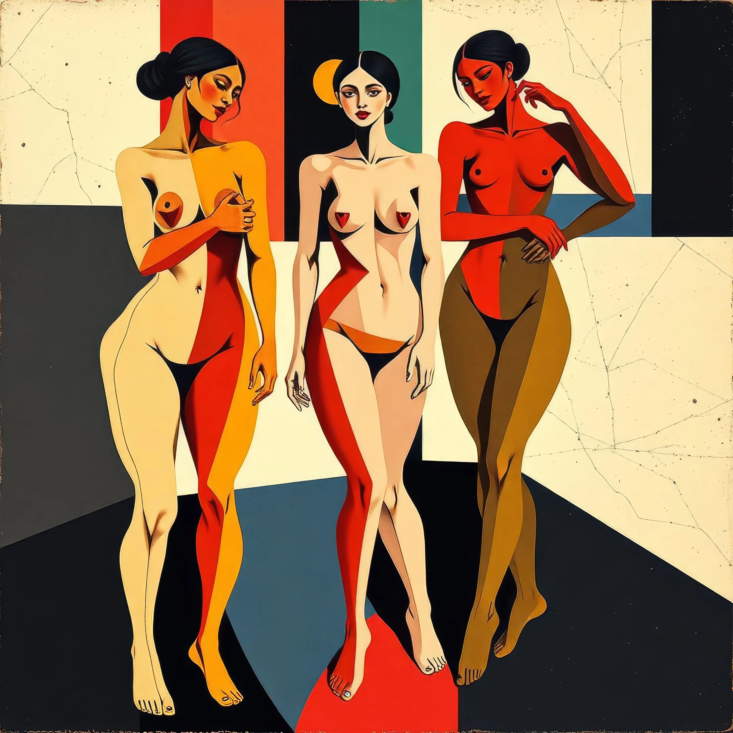Farverig abstrakt kunstværk med tre nøgne kvinder med mørkt hår, forskellige hudfarver, og i forskellige poser.