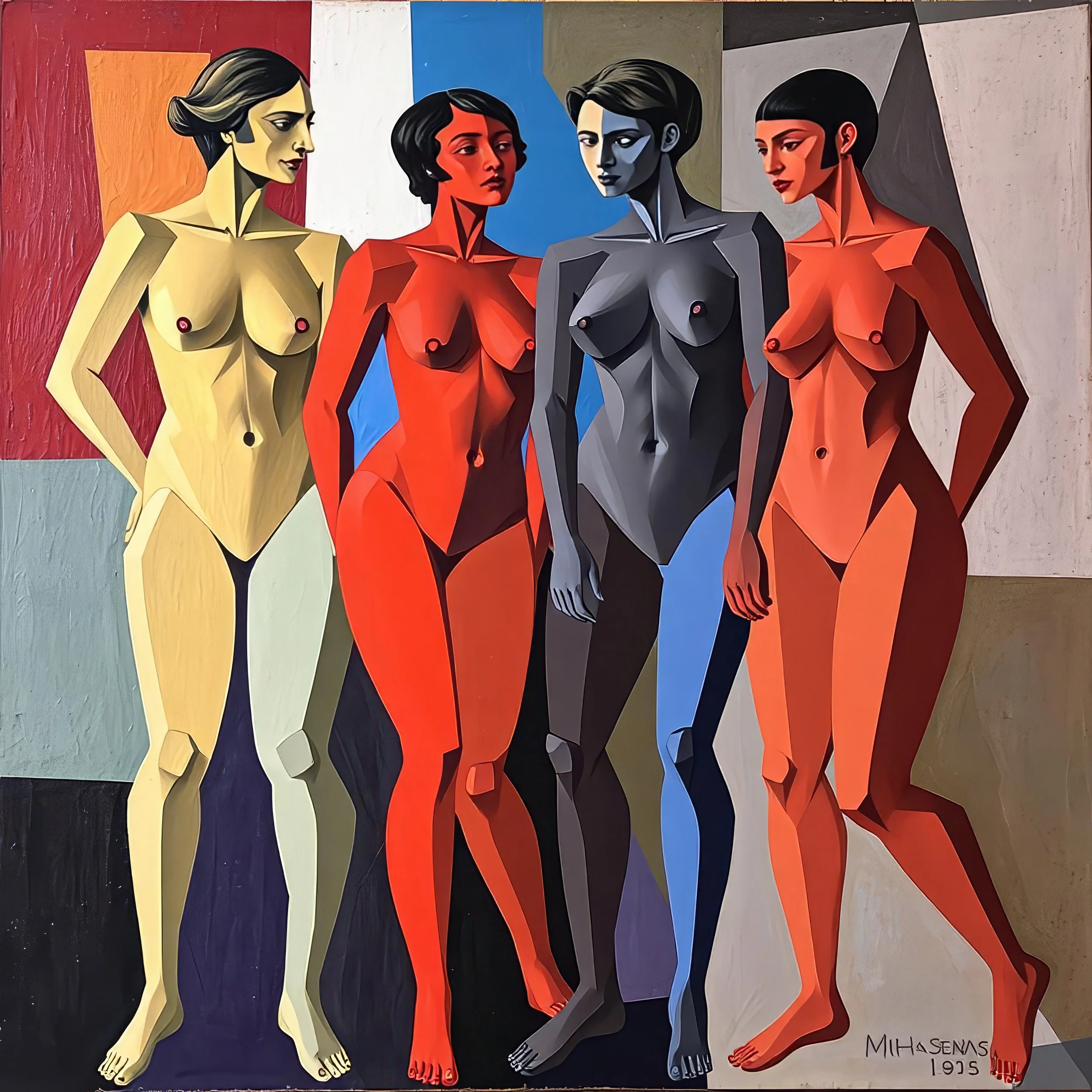 Fem farvede abstrakte malerede kvindelige figurer stående side om side mod en farvet baggrund.