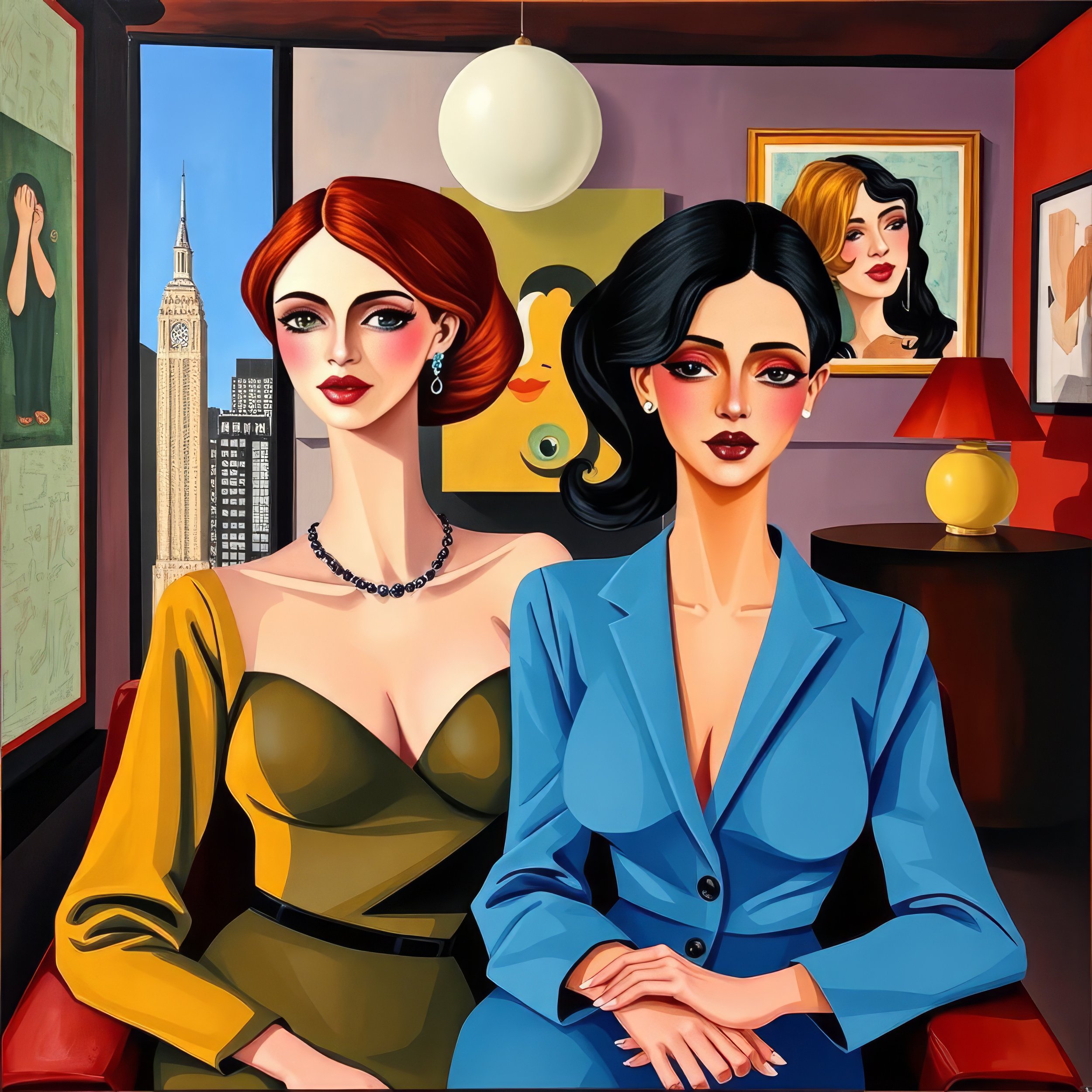 To kvinder sidder i en stue omgivet af kunstværker og malerier, med et bylandskab synligt udenfor gennem et vindue.