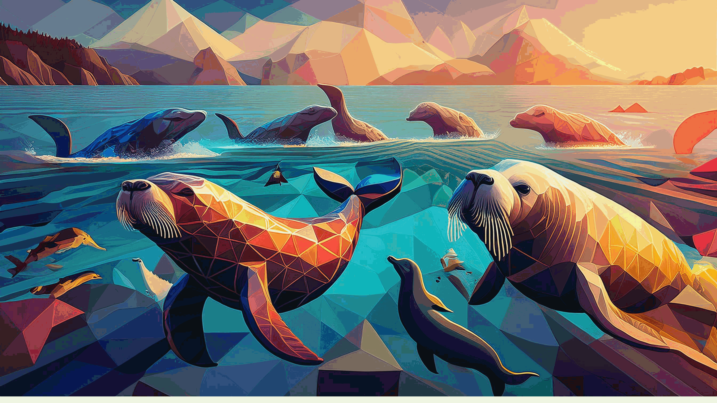 Fisk på havet i en stiliseret polygonal kunststil med kystlinje og bjerge i baggrunden