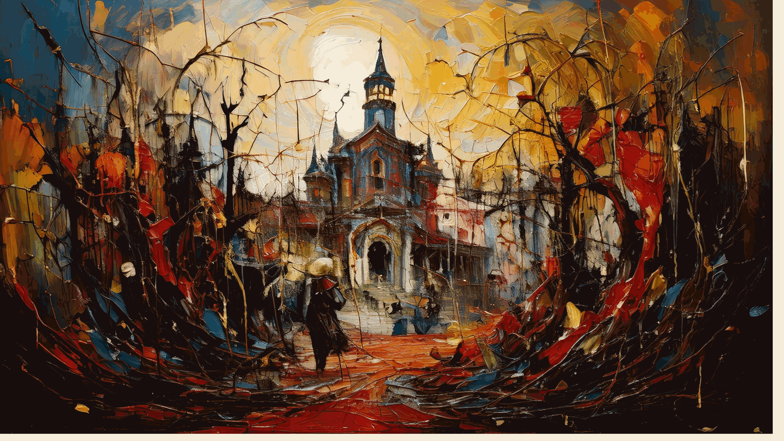 Et maleri af en gammel kirke med en sagnagtig stemning, omgivet af mørke, sammenfiltrede grene og lyse, varme farver i aftenskær.