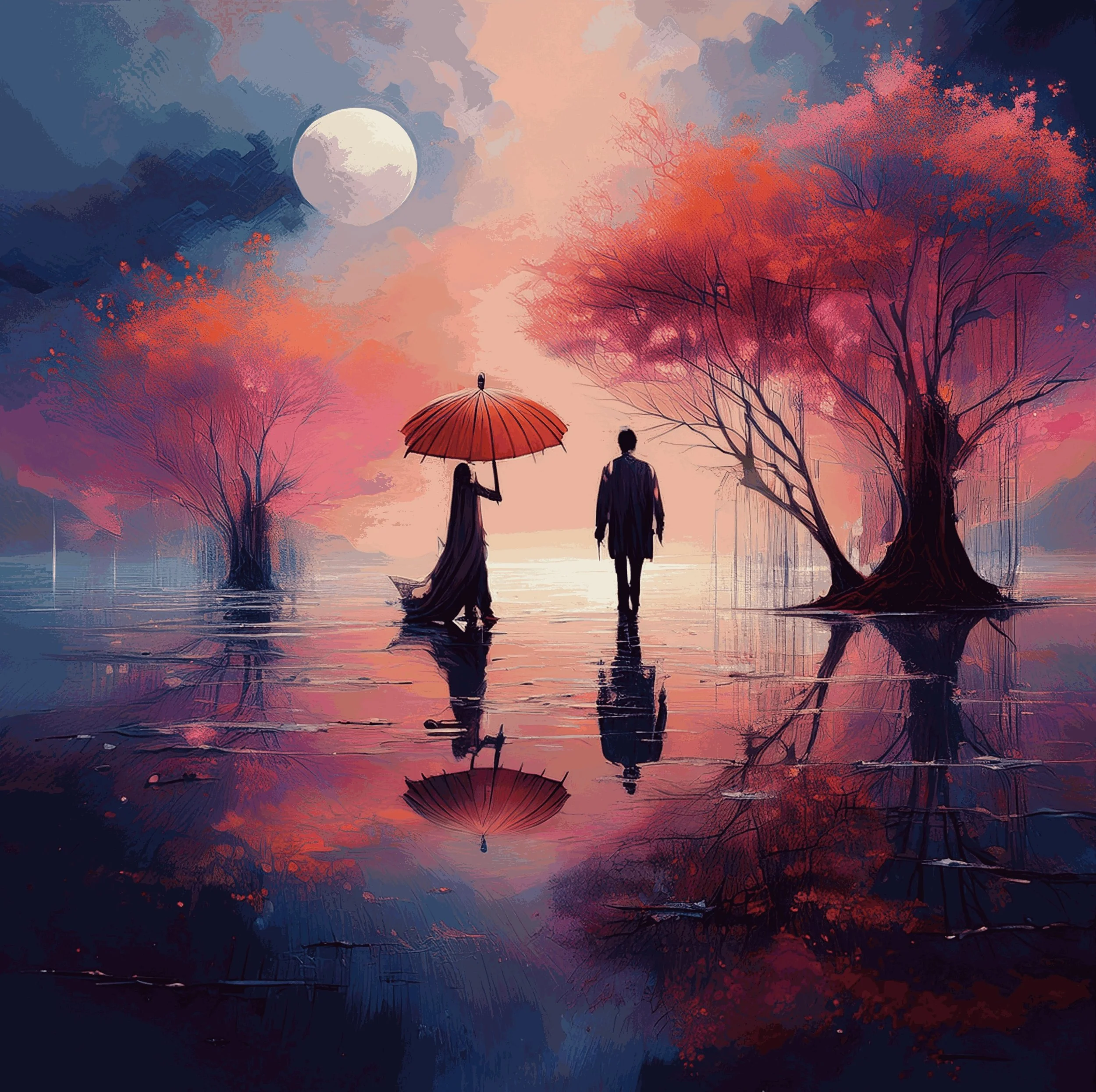 Digital kunst af to personer, en mand og en kvinde, der går i vandet omgivet af pink- og orangefarvede træer under en stor fuldmåne, med refleksioner i vandet.