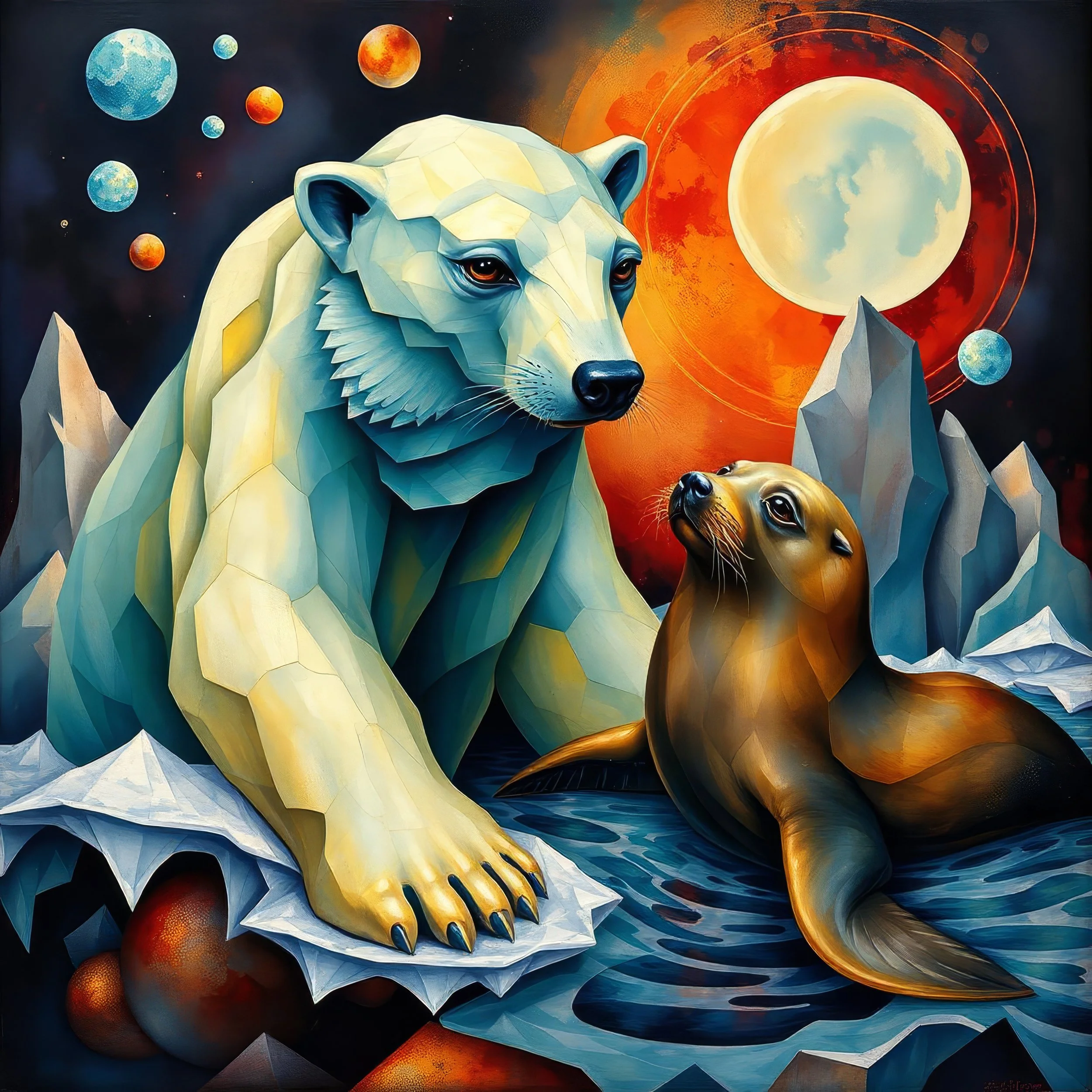En abstrakt kunstskildring af en polarræv og en sæl, omgivet af icebjerge, med flere planeter og en stor fuldmåne i baggrunden i et surrealistisk rumligt landskab.