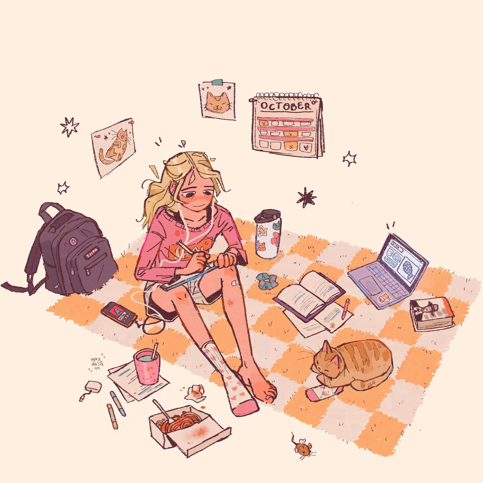 A girl with long blonde hair sitting on a checkered rug, surrounded by books, a laptop, snacks, and a cat, with posters, a calendar, and star drawings on the wall.