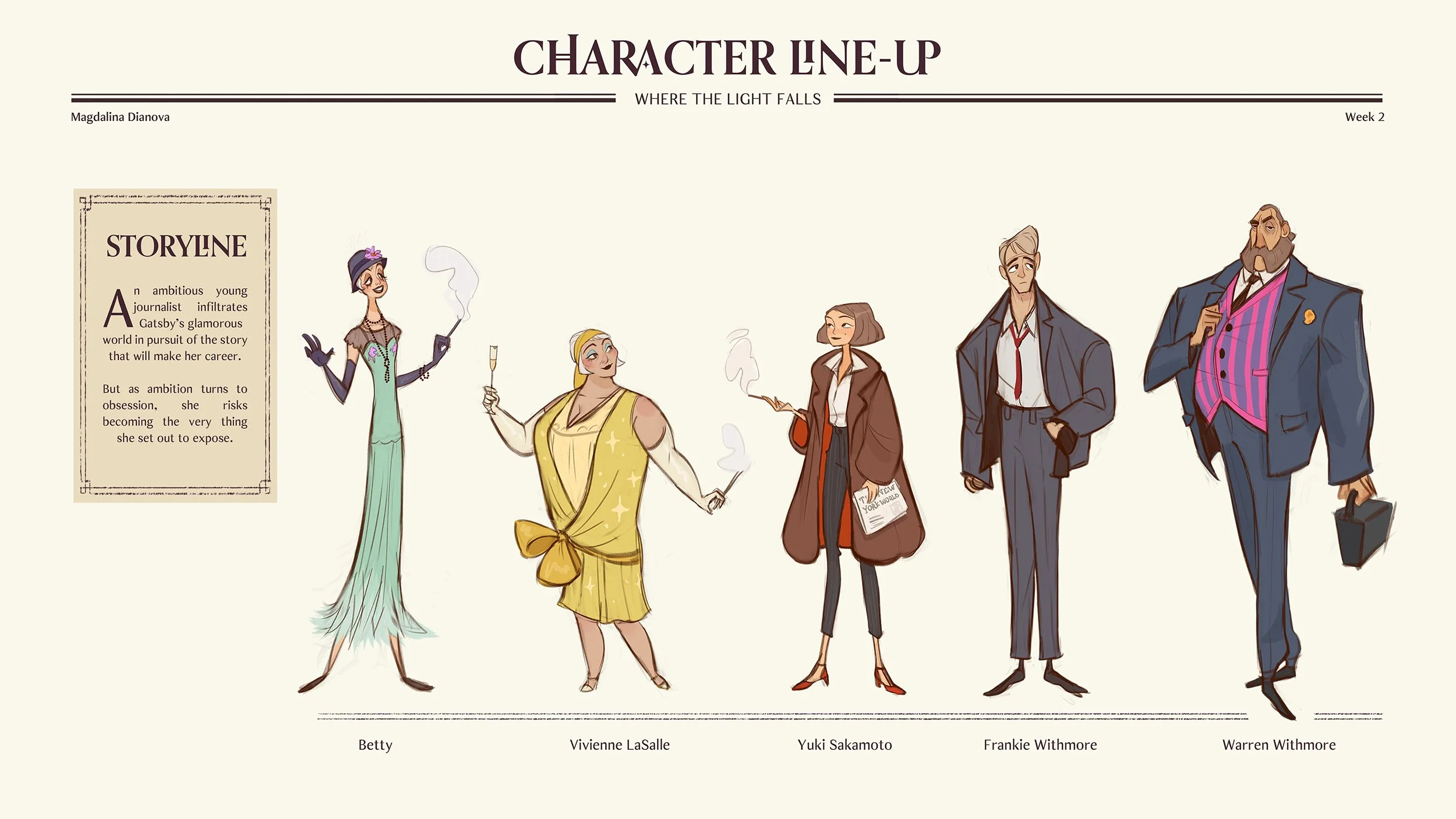 A lineup of five illustrated characters labeled Betty, Vivienne LaSalle, Yuki Sakamoto, Frankie Withmore, and Warren Withmore, each dressed in vintage fashion, against a beige background with the title 'Character Line-Up' and a sidebar with a storyli